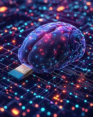 Glowing Digital Brain Connected to Circuit Board 