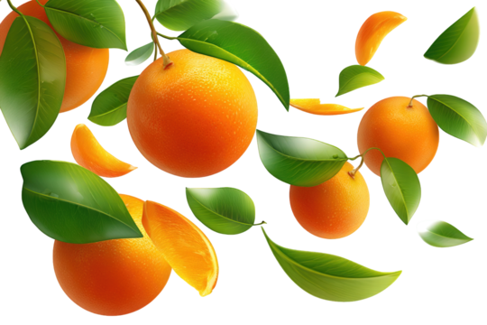 Floating Oranges and Leaves on Transparent Background
