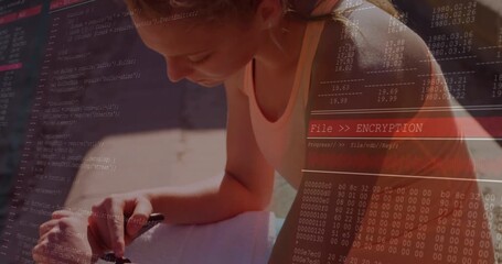 Animation of data processing against caucasian fit woman using smartwatch at the gym - Powered by Adobe