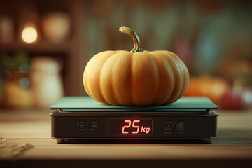 Pumpkin on Digital Scale in Kitchen. A pumpkin on a digital scale reads 2.5 kg. Ideal for autumn themes or cooking guides.