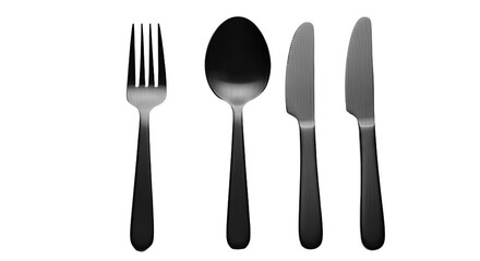 Elegant Black Matte Cutlery Set on White Background.