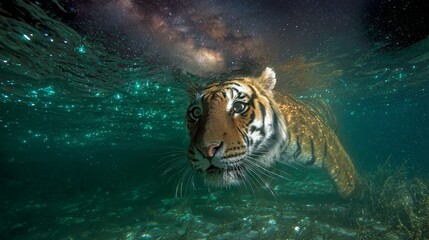 Bengal Tiger Swimming in Bioluminescent Bay at Night