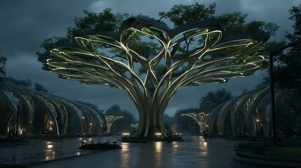Futuristic Bio-Engineered Tree with Glowing Street Lights