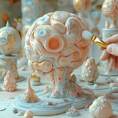 Hand Painting Surreal Tree Like Sculpture with Pastel Swirls