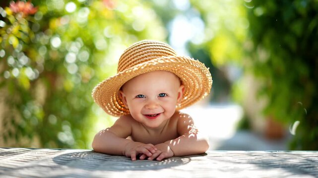 Happy infant enjoying playtime outdoors in bright sunshine