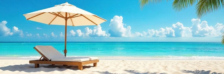 Obraz premium Relaxing beach scene featuring comfortable beds under a large beach umbrella, perfect for a sunny day at the seaside Ideal for travel, vacation, and summer themes , furniture, leisure, calm