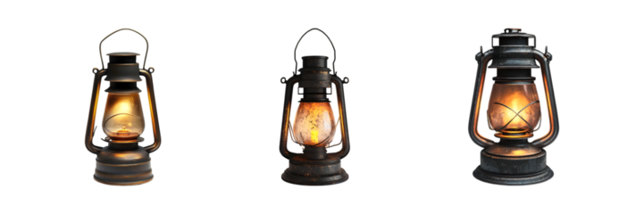 Set of rustic vintage lantern with warm light isolated on transparent background, PNG format, cut out