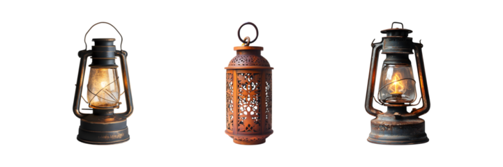 Set of rustic vintage lantern with warm light isolated on transparent background, PNG format, cut out