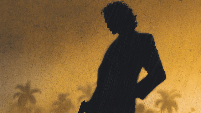 Silhouette man gun palm tree noir crime thriller sunset dramatic mysterious book cover shadow tropical suspenseful detective moody fiction illustration danger amber dusk moody male standing
