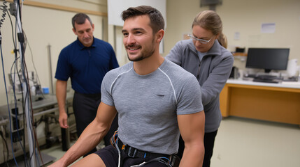 Military veteran using advanced prosthetic technology controlled by neural interfaces showcasing how defense innovation benefits service members. Rehabilitation specialists assist