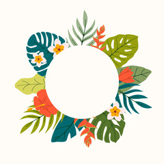 Naklejka premium Tropical circle frame with various monstera leaves, red and white flowers. Summer mood. Flat vector illustration. Ideal for branding, card, poster, menu, scrapbooking, invitation, packaging, decor