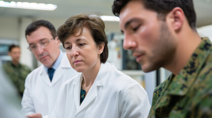 Fototapeta premium Military engineers testing next generation protective equipment and advanced materials in a research facility. Technical personnel in lab coats work alongside uniformed officers