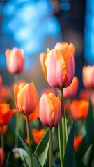 Vibrant orange-pink tulips stand out in a field of flowers, bathed in soft sunlight.