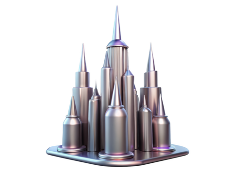 Silver metallic abstract cityscape silhouette on platform fantasy building architecture minimalist design unique modern decorative art object 3d illustration isolated on transparent background - Powered by Adobe