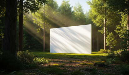  A large, blank white screen is set up in a lush, green park with sunbeams shining through the trees, a beautiful and natural mockup for an outdoor movie or presentation.