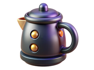 Stylized electric kettle shiny metallic surface golden accents modern design kitchen appliance isolated clean render glossy finish cool lighting 3d illustration isolated on transparent background