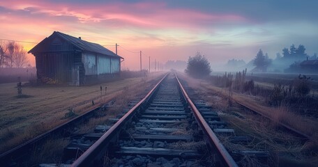 Obraz premium Misty morning sunrise over abandoned railway tracks leading to a distant station house