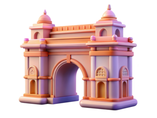Stylized gateway of india render peach and orange architectural monument famous landmark of india mumbai 3d illustration isolated on transparent background