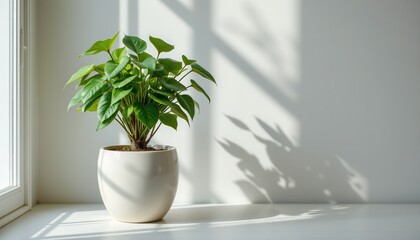 Fototapeta premium A verdant houseplant, flourishing in a glazed pearl white pot, stands as a decorative accent, The image, drenched in soft pearl white tones, evokes a sense of serenity and harmony