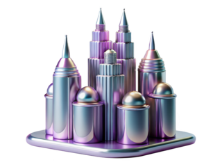 Surreal metallic structures with conical and spherical elements on a glossy platform 3d illustration isolated on transparent background