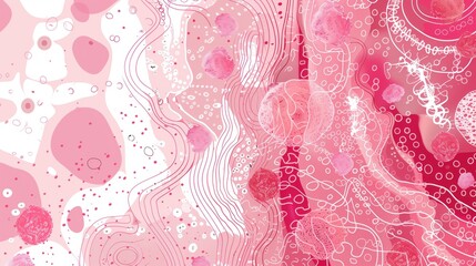 Breast Cancer Awareness Month. Scientific microscopy illustration style, cellular patterns and structures, pink and white color scheme, research laboratory aesthetic