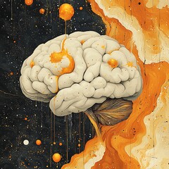 Floating Brain in Space with Swirling Orange and Black Cosmic Patterns