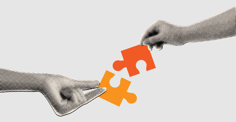 Trendy halftone collage human hands connecting jigsaw puzzle together,business success concept,modern collage elements cut out from paper