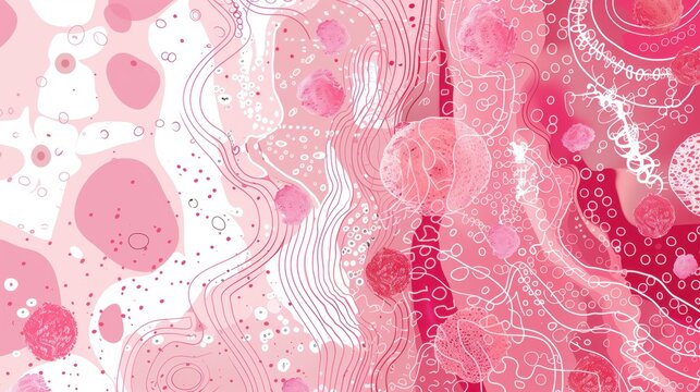 Breast Cancer Awareness Month. Scientific microscopy illustration style, cellular patterns and structures, pink and white color scheme, research laboratory aesthetic