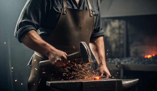 A skilled blacksmith hammers a glowing, hot piece of metal on an anvil in a dark, atmospheric workshop, with bright orange sparks flying dramatically from the impact. This powerful image captures the