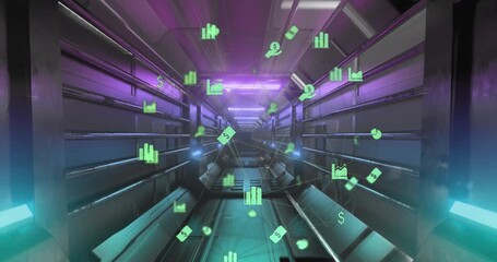 Animation of financial icons over moving industrial tunnel - Powered by Adobe