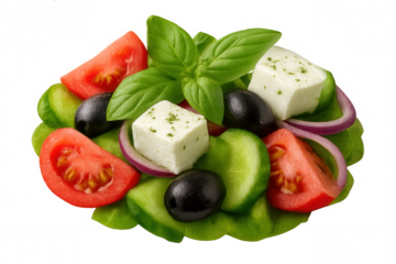 Greek salad featuring crumbled feta, ripe tomatoes, crisp cucumbers, kalamata olives, garnished with fresh basil leaves on transparent background