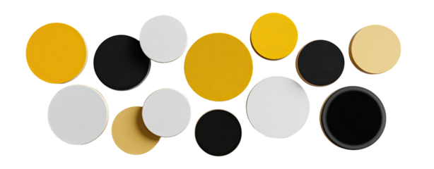 Abstract design of layered circles in yellow, white, black, and beige