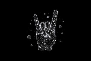 Naklejka premium A digital illustration of a hand making a rock and roll sign surrounded by planets and stars