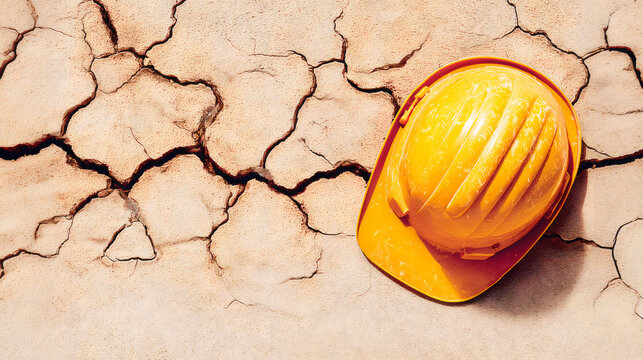 Ż&oacute;łty kask budowlany na popękanej ziemi &ndash; bezpieczeństwo podczas katastrof naturalnych