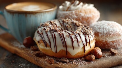Delicious donuts and coffee on wooden board perfect for breakfast still life