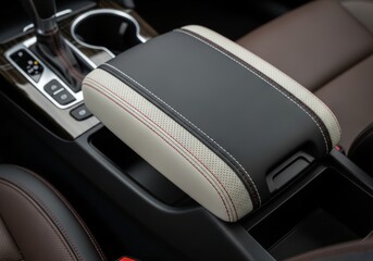 A detailed shot of a modern car's center console with a leather armrest, featuring clean lines and contrasting stitching.