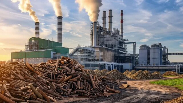 Biomass power plant with wood fuel and smokestacks, Renewable energy facility using timber and biofuel, Industrial wood energy plant at sunset