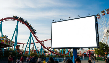 A blank white billboard stands next to a thrilling roller coaster at an amusement park on a sunny day, a fun and exciting mockup for a brand or event.