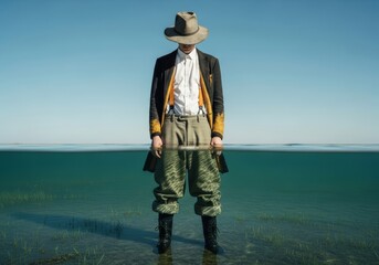  A mysterious, half-submerged shot of a man in a vintage suit and hat, standing in clear water with his reflection visible below the surface.