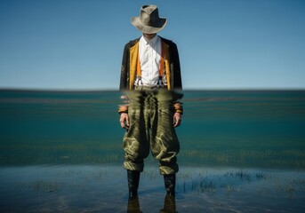  A mysterious, half-submerged shot of a man in a vintage suit and hat, standing in clear water with his reflection visible below the surface.