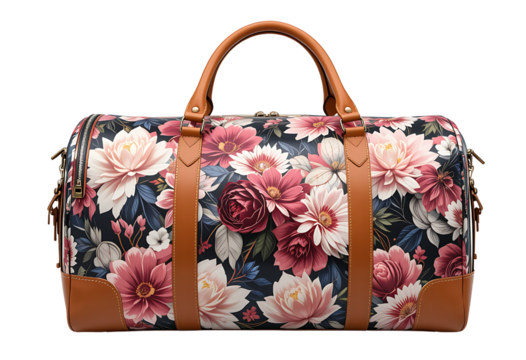 Luxury Floral Duffle Bag with Premium Leather Straps – Isolated Transparent PNG