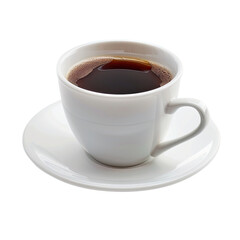 A white ceramic coffee cup filled with dark coffee, resting on a saucer