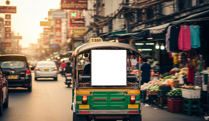 Naklejka premium A blank white sign on the back of a tuk-tuk in a busy, vibrant street in Bangkok, Thailand, offers a unique, travel-themed mockup for advertising.