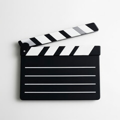 Obraz premium A blank movie clapperboard with black and white stripes, ready for action, on a clean white background