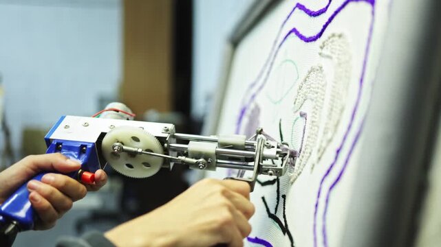Craftswoman making rug with tufting machine in workshop