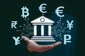 Hand presenting digital bank icon surrounded by various currency symbols on a dark background