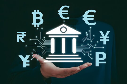 Hand presenting digital bank icon surrounded by various currency symbols on a dark background