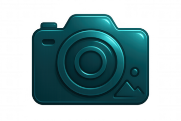 Glossy turquoise camera icon representing photographic imagery, floating against transparent backdrop, conveying visual communication and media concept