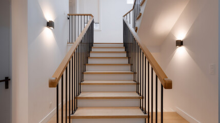 Nowoczesne drewniane schody z czarnymi balustradami – stylowe jasne wnętrze domu