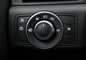 A close-up of a modern car's dashboard, showing a black rotary knob and buttons for controlling interior and exterior lights. The clear white icons represent functions like automatic lights, fog light